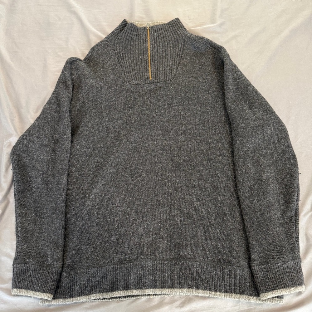 Aran Sweater Market 100% Wool Mens XXL Sweater 1/4 Zip Pullover Dark‎ gray